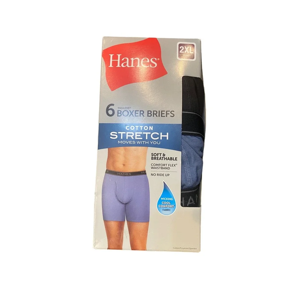 Hanes Mens 6 Pack Cotton Stretch Boxer Briefs 2XL Blue Black Comfort Flex STRBA6